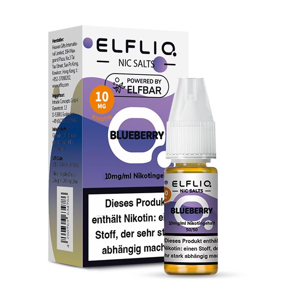 ELFLIQ Blueberry Nikotinsalz Liquid 10 mg/ml – Verpackung mit Flasche