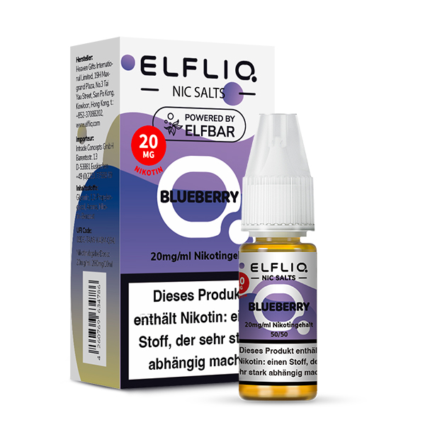 ELFLIQ Blueberry Nikotinsalz Liquid 20 mg/ml – Verpackung mit Flasche