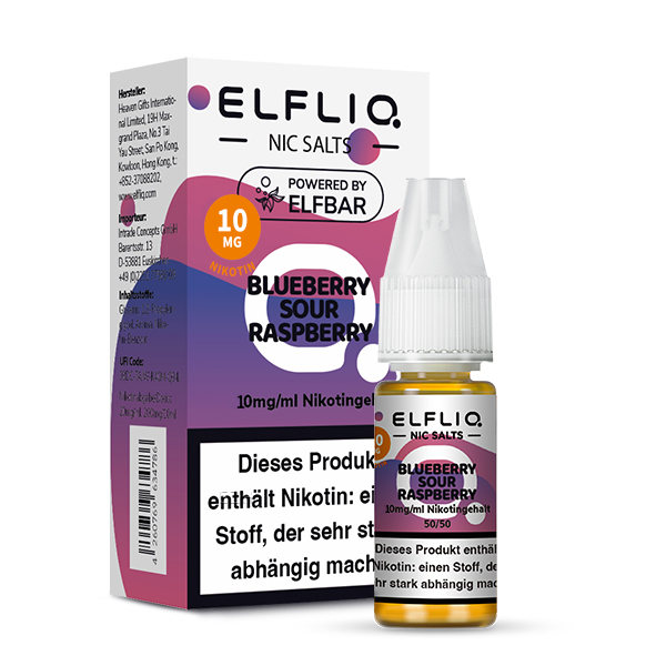ELFLIQ Blueberry Sour Raspberry Nikotinsalz Liquid 10 mg/ml – Verpackung mit Flasche