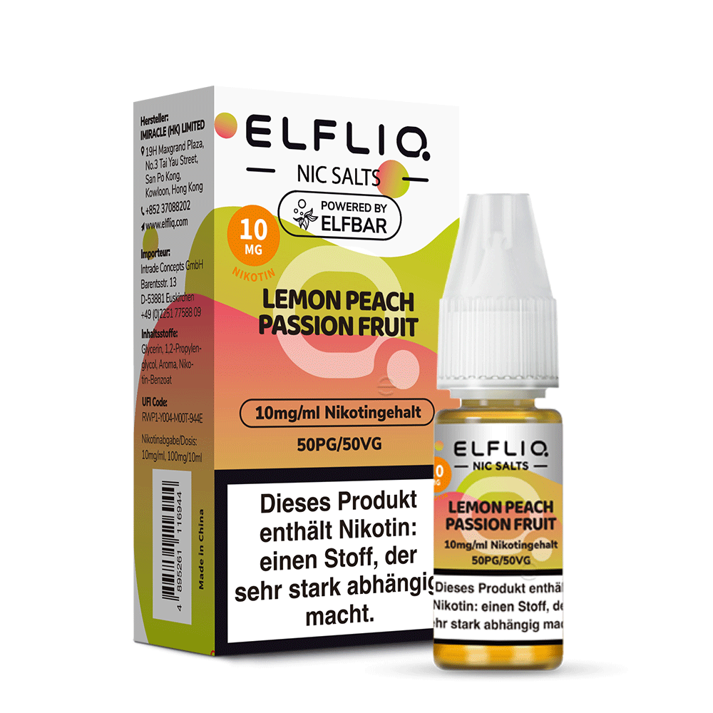 ELFLIQ Lemon Peach Passionfruit Nikotinsalz Liquid 10 mg/ml – Verpackung mit Flasche