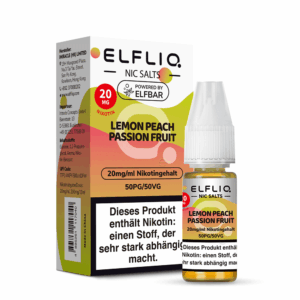 ELFLIQ Lemon Peach Passionfruit Nikotinsalz Liquid 20 mg/ml – Verpackung mit Flasche