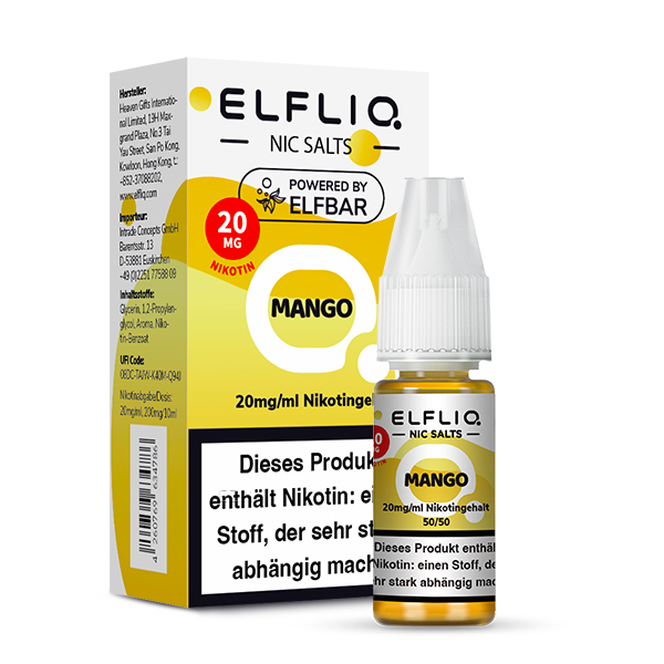 ELFLIQ Mango Nikotinsalz Liquid 20 mg/ml – Verpackung mit Flasche